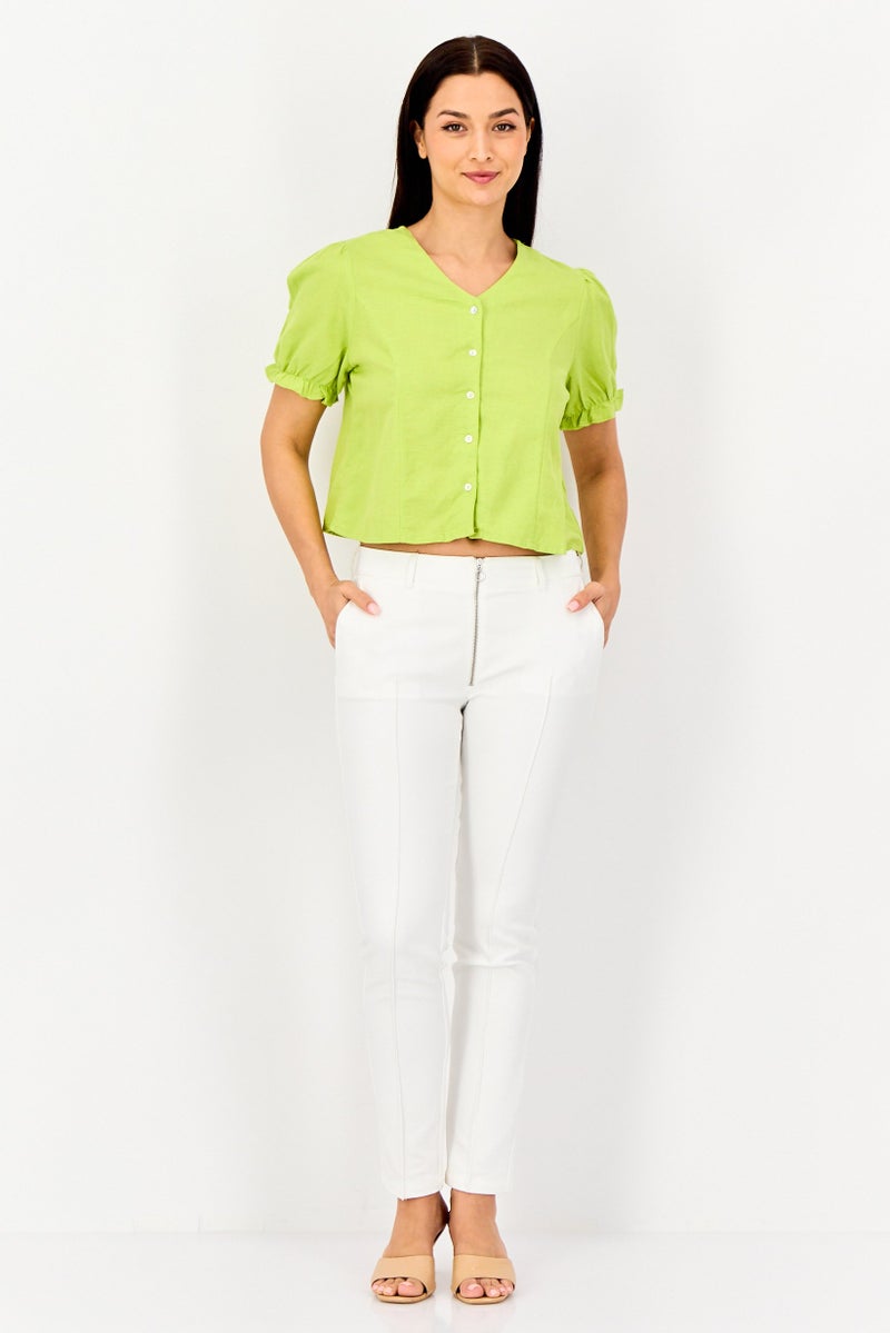 ONLY Women V-Neck Puffed Sleeve Solid Shirt, Apple Green - Image 3