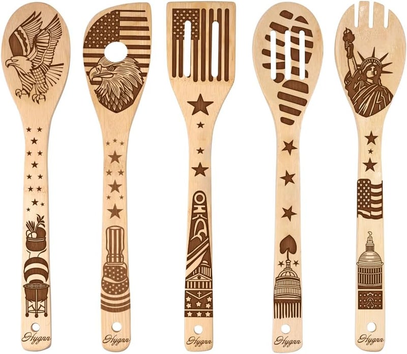 HYGNN Make American Great Again! American Flag Iconic Architecture Gift Idea Cooking Serving Utensils Natural Bamboo Kitchen House Warming Presents Slotted Wooden Spoons for Cooking Utensils Set of 5… - Image 1