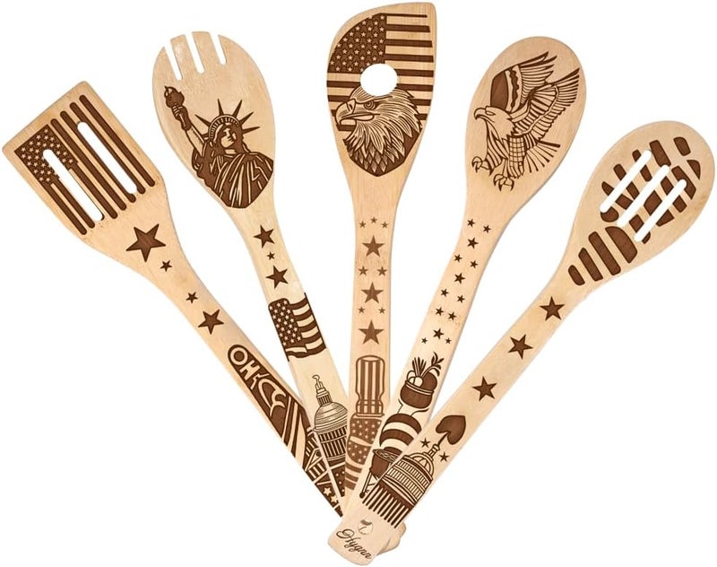 HYGNN Make American Great Again! American Flag Iconic Architecture Gift Idea Cooking Serving Utensils Natural Bamboo Kitchen House Warming Presents Slotted Wooden Spoons for Cooking Utensils Set of 5… - Image 3