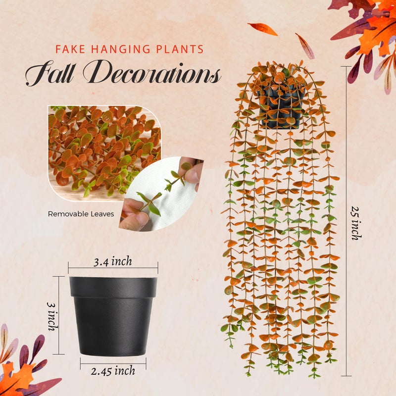 Der Rose 1Pcs Fake Fall Plants Hanging Orange Artificial Potted Faux Eucalyptus Plant Decorations for Fall Thanksgiving Bathroom Table Centerpiece Wall Kitchen Room Decor Indoor and Outdoor - Image 3