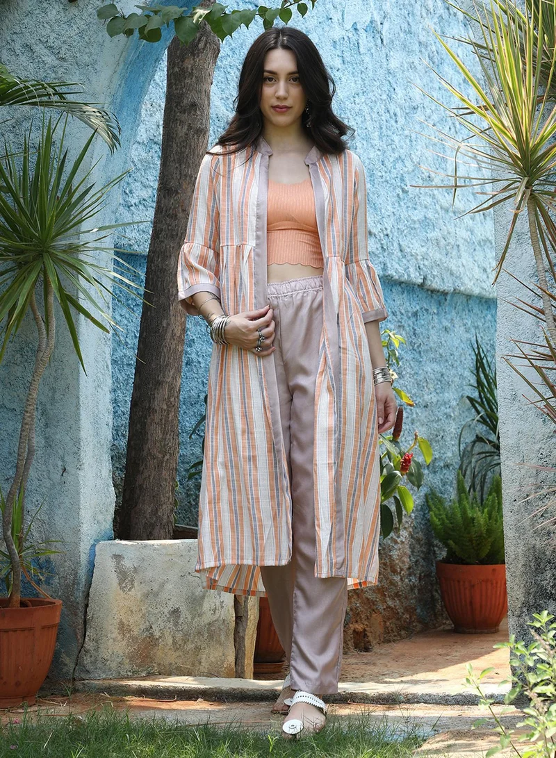 QISSA Women's Orange & White Halo Striped Jacket With Beige Kurta & Trousers Set