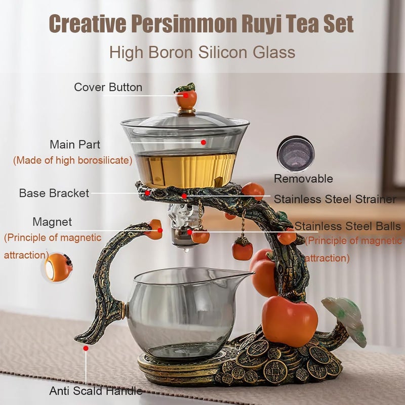 Miyxsin Lazy Kungfu Tea pot Set, Glass Magnetic Teapot, Semi-Automatic Water Guide Magnetic Teapot with Infuser, Heat Resistant Kungfu Tea Set Coffee Set, Orange - Image 3