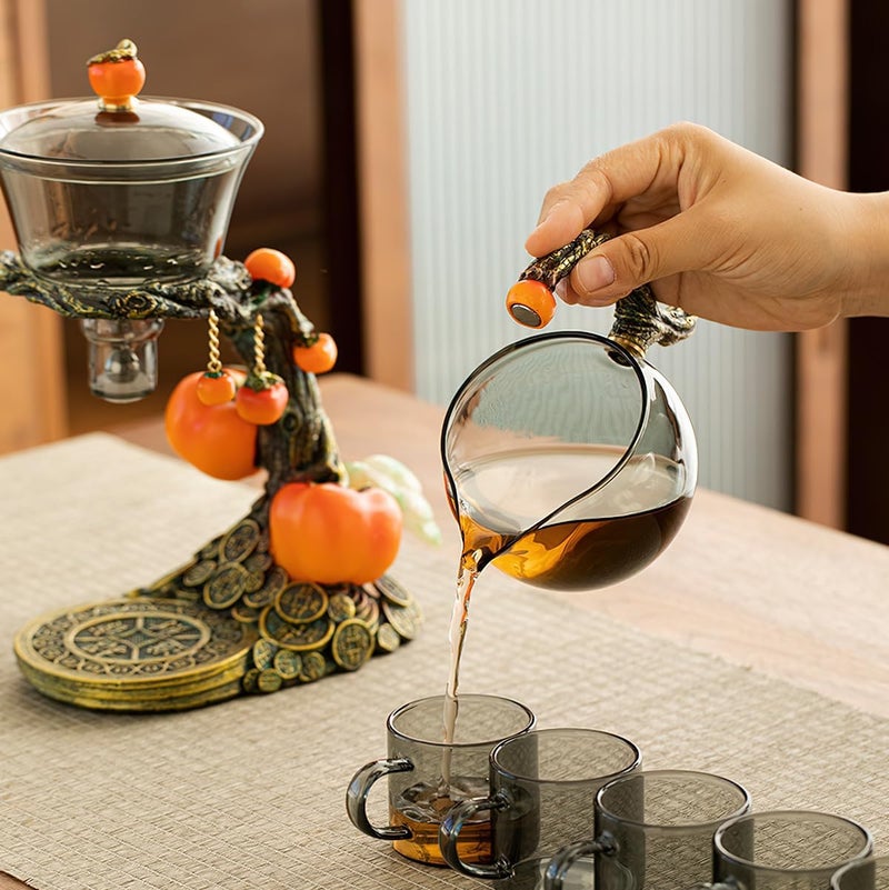 Miyxsin Lazy Kungfu Tea pot Set, Glass Magnetic Teapot, Semi-Automatic Water Guide Magnetic Teapot with Infuser, Heat Resistant Kungfu Tea Set Coffee Set, Orange - Image 4