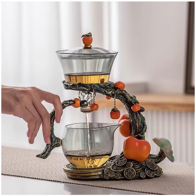 Miyxsin Lazy Kungfu Tea pot Set, Glass Magnetic Teapot, Semi-Automatic Water Guide Magnetic Teapot with Infuser, Heat Resistant Kungfu Tea Set Coffee Set, Orange - Image 1