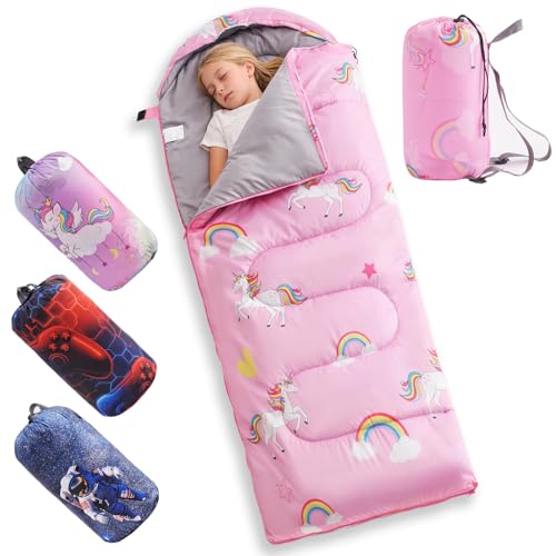 tuphen Kids Sleeping Bag - 3-4 Seasons Portable Sleeping Bag with Compression Sack for Boys, Girls and Toddlers, 2.2 lbs Lightweight Camping Gear Perfect for Camping Hiking Indoor (Pink, 63x26in) - Image 1