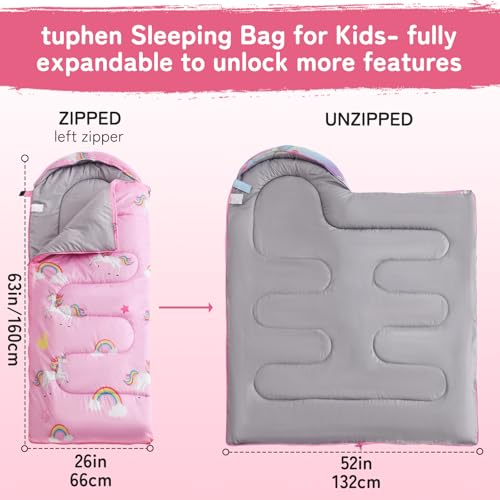 tuphen Kids Sleeping Bag - 3-4 Seasons Portable Sleeping Bag with Compression Sack for Boys, Girls and Toddlers, 2.2 lbs Lightweight Camping Gear Perfect for Camping Hiking Indoor (Pink, 63x26in) - Image 3