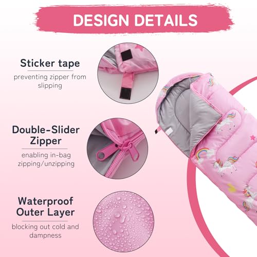 tuphen Kids Sleeping Bag - 3-4 Seasons Portable Sleeping Bag with Compression Sack for Boys, Girls and Toddlers, 2.2 lbs Lightweight Camping Gear Perfect for Camping Hiking Indoor (Pink, 63x26in) - Image 5