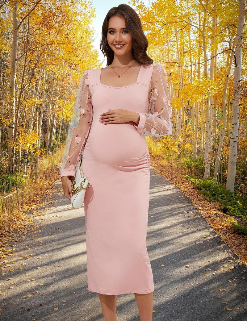 LAHILO Floral Mesh Bishop Long Sleeve Maternity Midi Dress, Fall Maternity Bodycon Dress for Baby Shower Bright Pink - Image 3