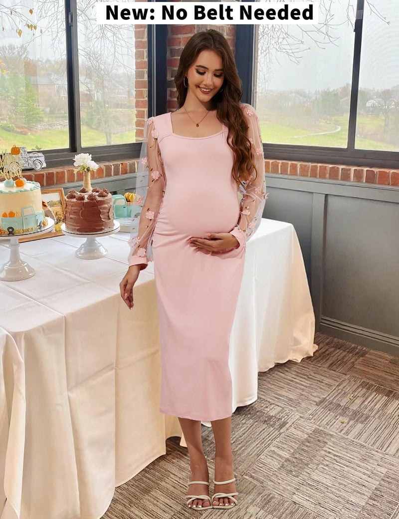 LAHILO Floral Mesh Bishop Long Sleeve Maternity Midi Dress, Fall Maternity Bodycon Dress for Baby Shower Bright Pink - Image 2