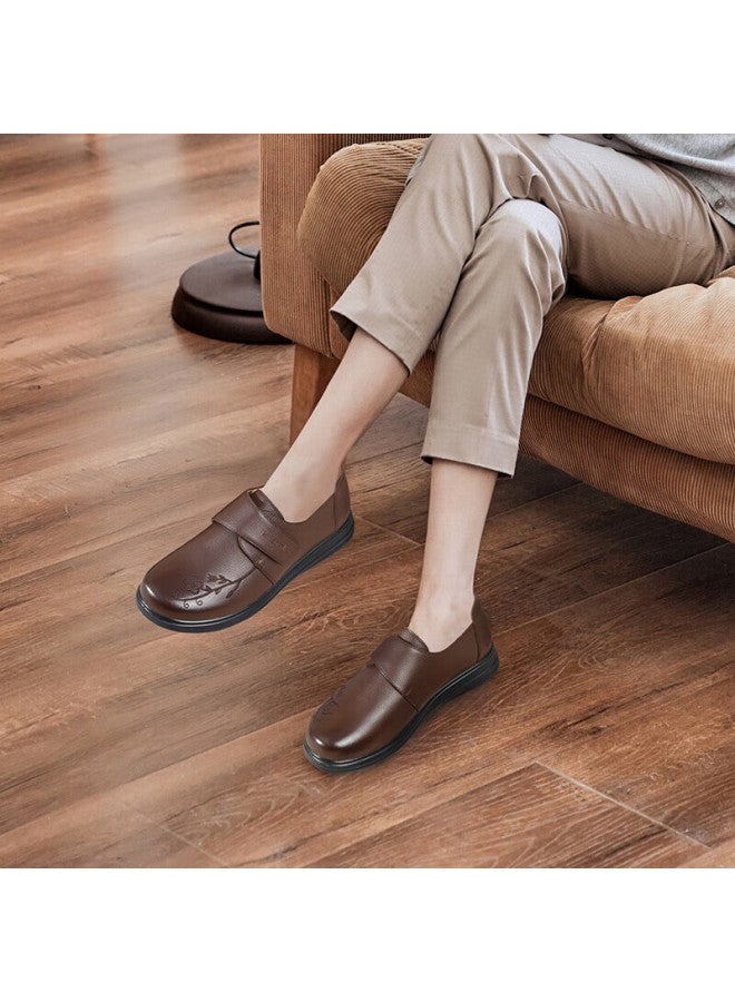 Connie Women's Casual Slip-on Flat Shoes For Middle-aged And Elderly Moms, Soft Comfortable Genuine Leather Elderly Shoes, Brown, Size 35, New Arrival