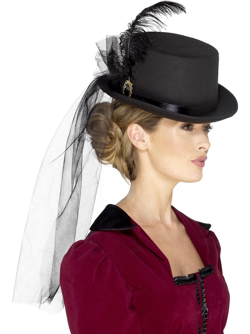 Smiffys Deluxe Ladies Victorian Top Hat, with Elastic, Bla Inner Rim, Attached Veil, Feathers & Brooch, Historical Fancy Dress, Adult Dress Up Hats - Image 1