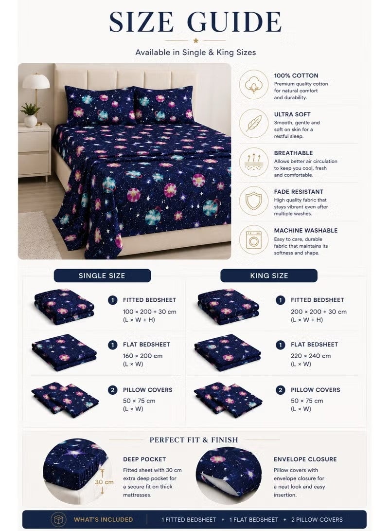 ZEESQUARE Luxury 4-Piece Galaxy Print Cotton Bedsheet Set | Premium Star Pattern Bed Linen with 1 Fitted Sheet, 1 Flat Sheet & 2 Pillowcases | 100% Cotton Soft Breathable Bedding Set for Single & King Size Beds - Image 4