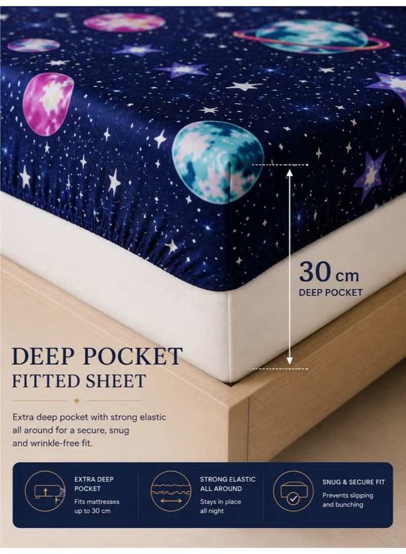 ZEESQUARE Luxury 4-Piece Galaxy Print Cotton Bedsheet Set | Premium Star Pattern Bed Linen with 1 Fitted Sheet, 1 Flat Sheet & 2 Pillowcases | 100% Cotton Soft Breathable Bedding Set for Single & King Size Beds - Image 2