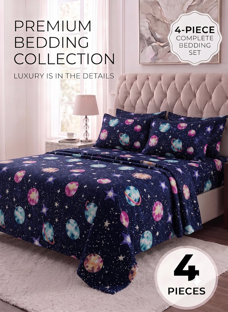 ZEESQUARE Luxury 4-Piece Galaxy Print Cotton Bedsheet Set | Premium Star Pattern Bed Linen with 1 Fitted Sheet, 1 Flat Sheet & 2 Pillowcases | 100% Cotton Soft Breathable Bedding Set for Single & King Size Beds - Image 1