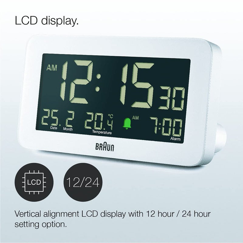 Braun Digital Alarm Clock with Date Month and Temperature Displayed Negative LCD Display Quick Set Crescendo Beep Alarm in White Model BC10W - Image 4