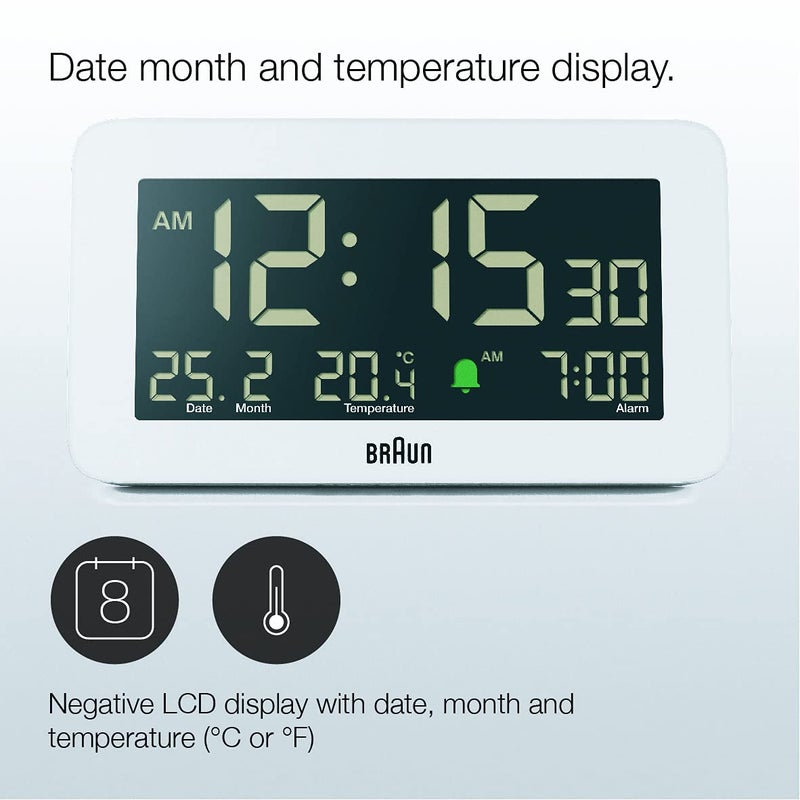 Braun Digital Alarm Clock with Date Month and Temperature Displayed Negative LCD Display Quick Set Crescendo Beep Alarm in White Model BC10W - Image 3