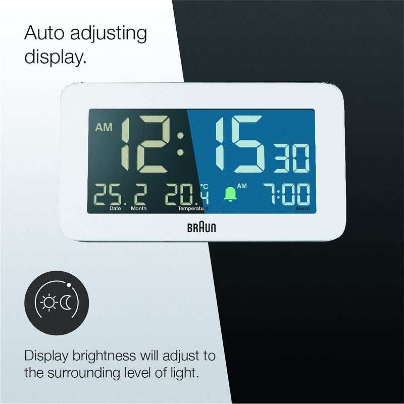 Braun Digital Alarm Clock with Date Month and Temperature Displayed Negative LCD Display Quick Set Crescendo Beep Alarm in White Model BC10W - Image 5