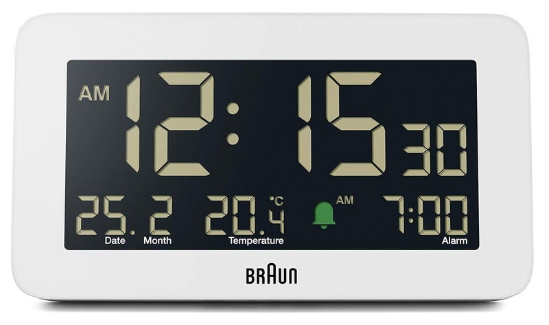 Braun Digital Alarm Clock with Date Month and Temperature Displayed Negative LCD Display Quick Set Crescendo Beep Alarm in White Model BC10W - Image 1