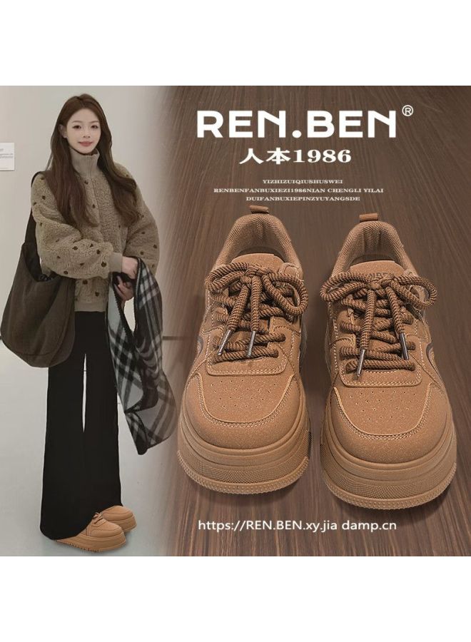 Renben College Style Versatile Thick Sole Height Increasing Comfortable Sports Shoes For Women 2025 Spring Autumn High-value Korean Retro Brown Sneakers