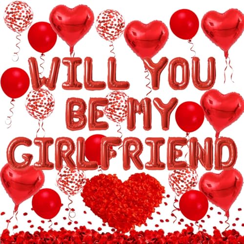 Cunnikku Letter Balloons Will You Be My Girlfriend 18 Red Heart Foil Balloons Red Confetti Balloons with 1000pcs Artificial Rose Petals Be My Girlfriend Proposal Balloon for Valentine Day Party Decorations - Image 1
