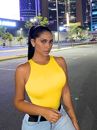 LCNBA Women's Sexy High Neck Sleeveless Bodysuit Basic Top Bodysuit Jumpsuit Yellow M - Image 4