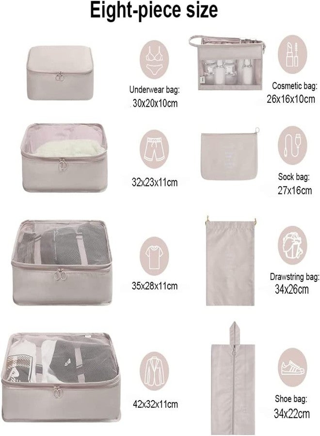 Oceanevo 8 Pcs Packing Cubes for Travel, Travel Organizer Bags for Luggage, Suitcase with Toiletry Pouch and Shoe Bag - Set of 8 - Beige - Image 2