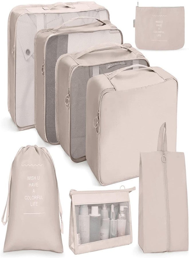 Oceanevo 8 Pcs Packing Cubes for Travel, Travel Organizer Bags for Luggage, Suitcase with Toiletry Pouch and Shoe Bag - Set of 8 - Beige - Image 1