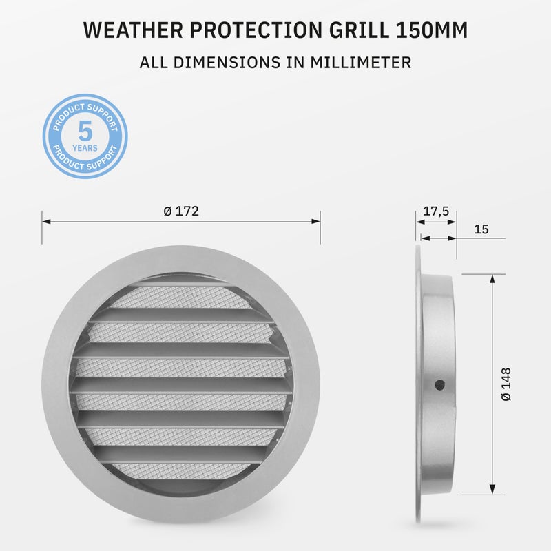 Generic Klimapartner ccalimaero WSGG 150mm 6" Inch Grey Round Air Vent Grille Fixed Louvre with Insect Screen  - Image 2
