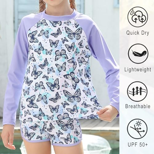 Vogseek Girls Two Pieces Rash Guard Swimsuit 5t 6t Purple Butterflies Long Sleeve UPF 50+ Bathing Suit Quick Dry Breathable Swimming Sets for Kids Girl Size 6 - Image 3