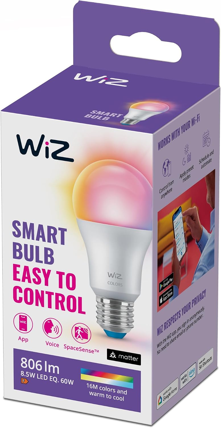 Wiz E27 LED Lamp Tunable White & Colour, 60 W, Dimmable, 16 Million Colours, Smart Control via App/Voice via WLAN - Image 1