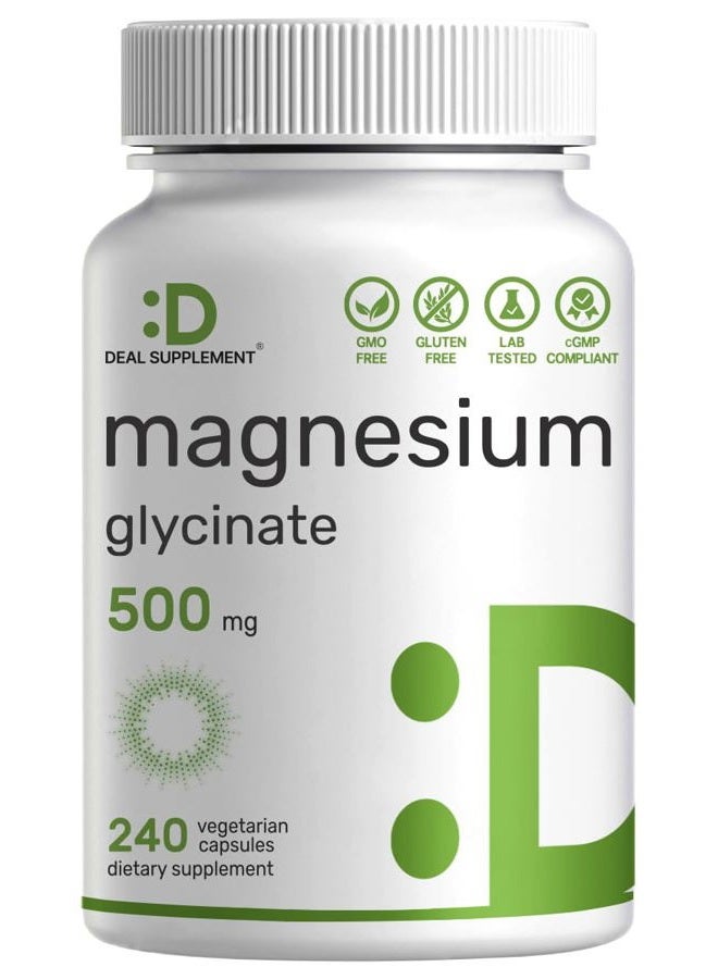 DEAL SUPPLEMENT مغنيسيوم جليسينات 500 ملغ، 240 كبسولة نباتية | مخلب لسهولة الامتصاص | معدن أساسي نقي للغاية لصحة العضلات والمفاصل والقلب والهضم - Image 1