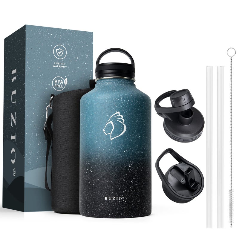 BUZIO 64 oz Water Bottle Insulated with Straw & 3 lid and Carrying Pouch, Leak Proof Half Gallon Stainless Steel Water Flask Jug, Cold for 48 Hrs Double Vacuum Thermo Canteen, BPA-Free, Starry Indigo - Image 1