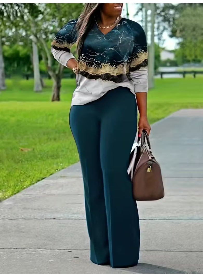 All Over Print Two-piece Set, V Neck Long Sleeve Top & Wide Leg Pants Outfits, Women's Clothing - Image 2