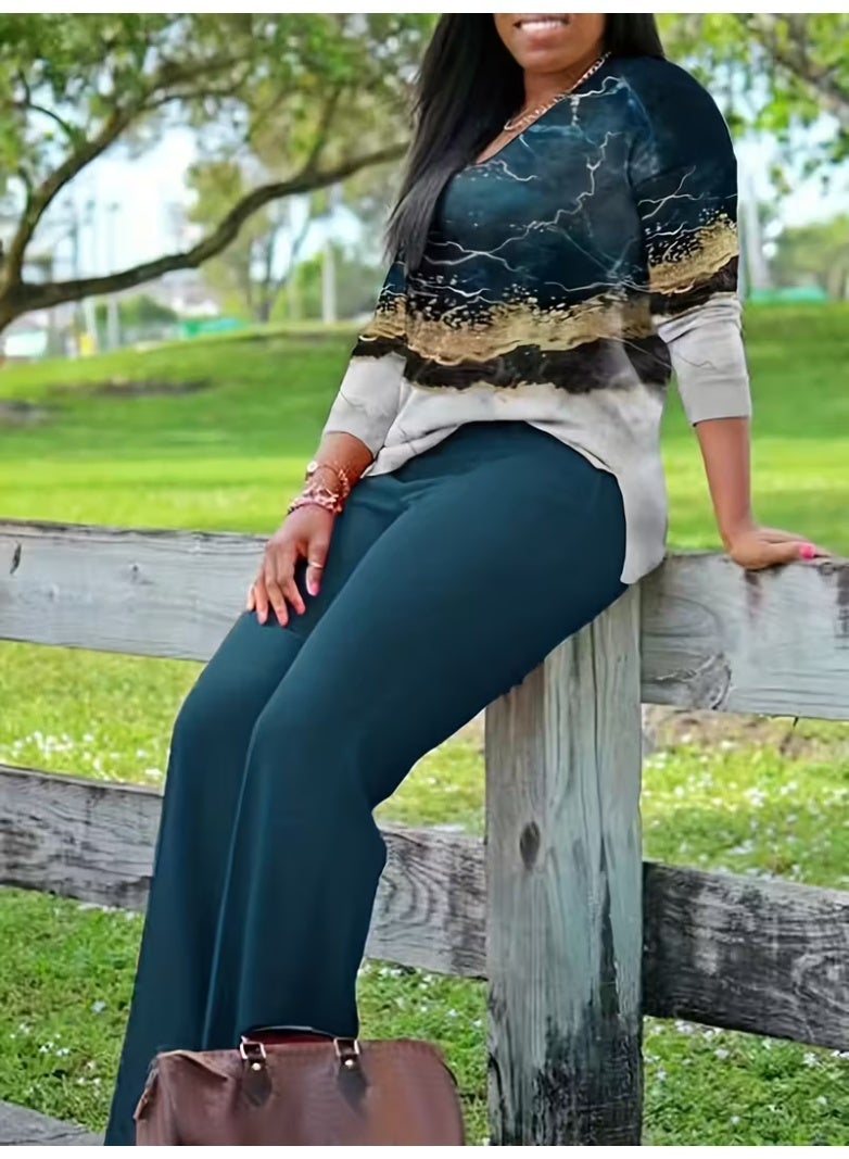 All Over Print Two-piece Set, V Neck Long Sleeve Top & Wide Leg Pants Outfits, Women's Clothing - Image 3