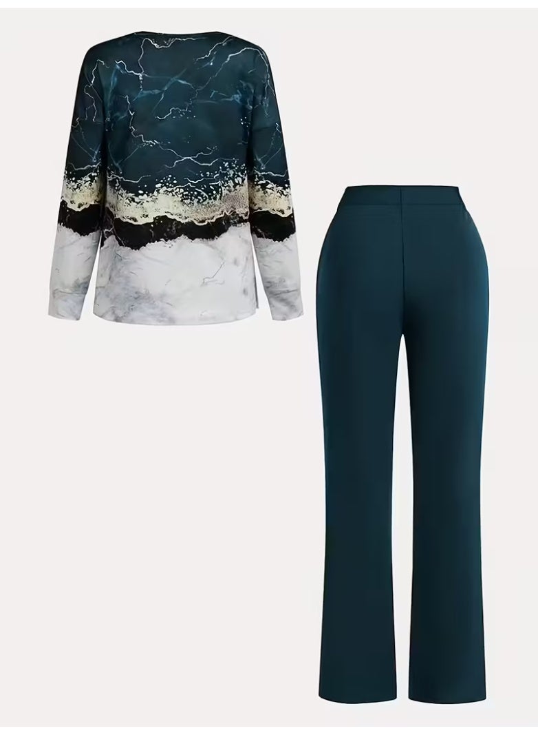 All Over Print Two-piece Set, V Neck Long Sleeve Top & Wide Leg Pants Outfits, Women's Clothing - Image 4