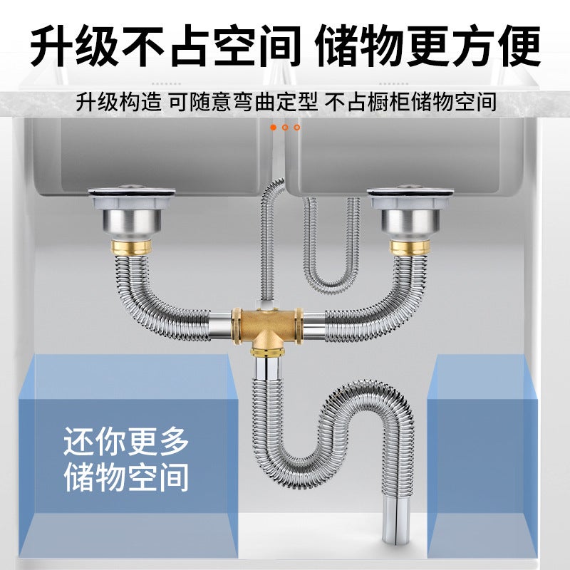 304 Stainless Steel Double Sink Drain Set Kitchen Dish Basin Drain Pipe Fittings Sink Sink Drain Pipe - Image 3