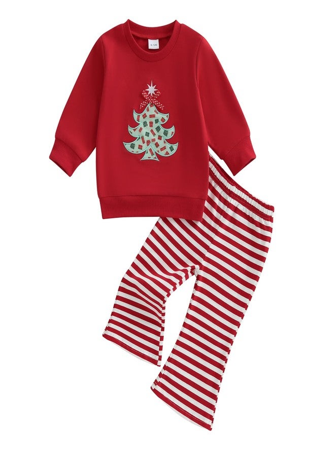 Lukivech Infant Toddler Baby Girl Christmas Outfit Christmas Tree Embroidery Crewneck Sweatshirt Top Striped Flare Pants Set (Red, 6-12 Months) - Image 1