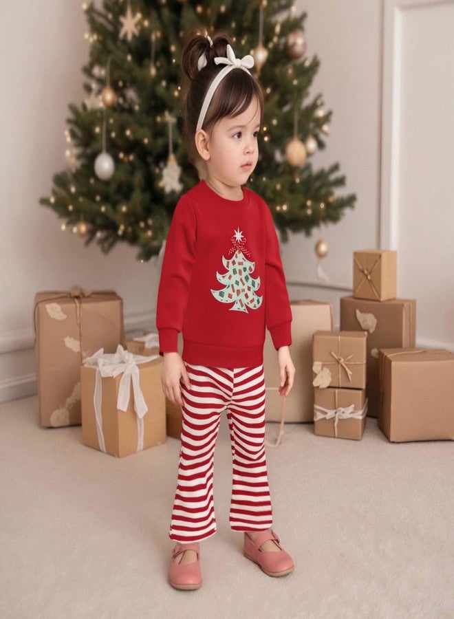 Lukivech Infant Toddler Baby Girl Christmas Outfit Christmas Tree Embroidery Crewneck Sweatshirt Top Striped Flare Pants Set (Red, 6-12 Months) - Image 3