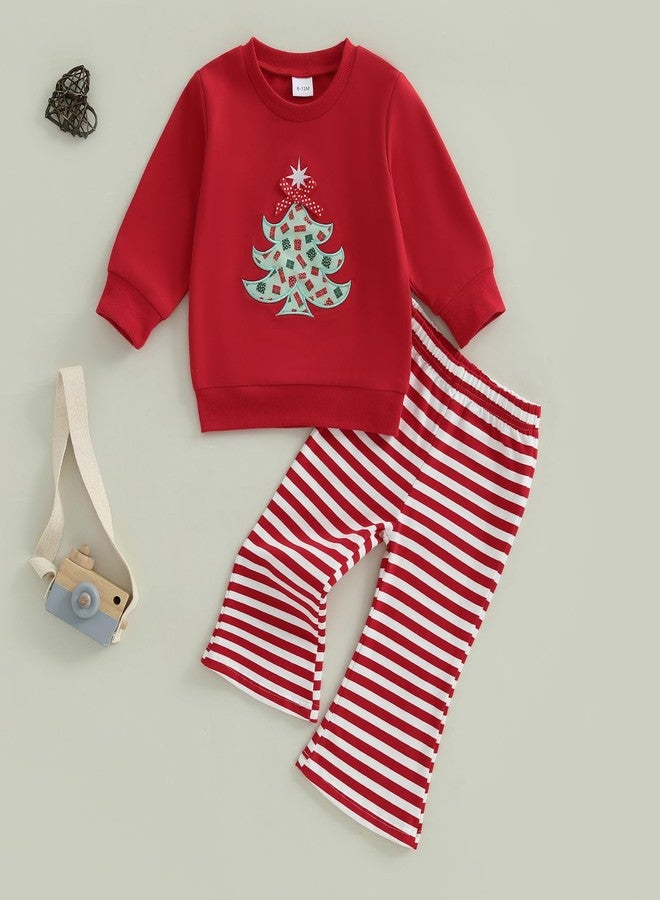 Lukivech Infant Toddler Baby Girl Christmas Outfit Christmas Tree Embroidery Crewneck Sweatshirt Top Striped Flare Pants Set (Red, 6-12 Months) - Image 5