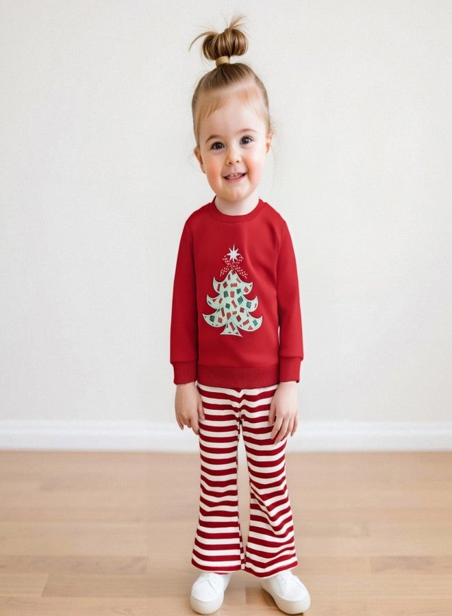 Lukivech Infant Toddler Baby Girl Christmas Outfit Christmas Tree Embroidery Crewneck Sweatshirt Top Striped Flare Pants Set (Red, 6-12 Months) - Image 4