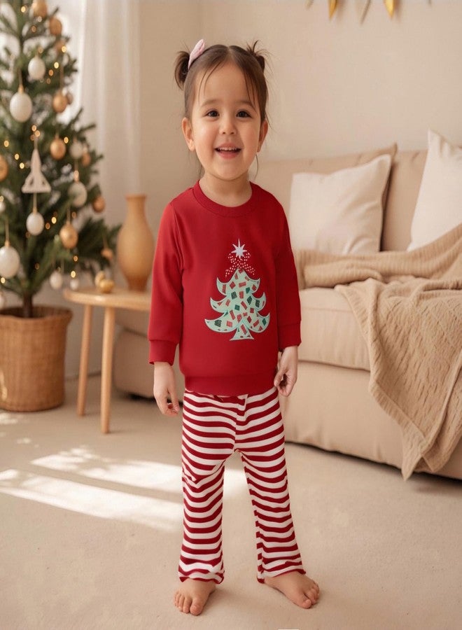 Lukivech Infant Toddler Baby Girl Christmas Outfit Christmas Tree Embroidery Crewneck Sweatshirt Top Striped Flare Pants Set (Red, 6-12 Months) - Image 2