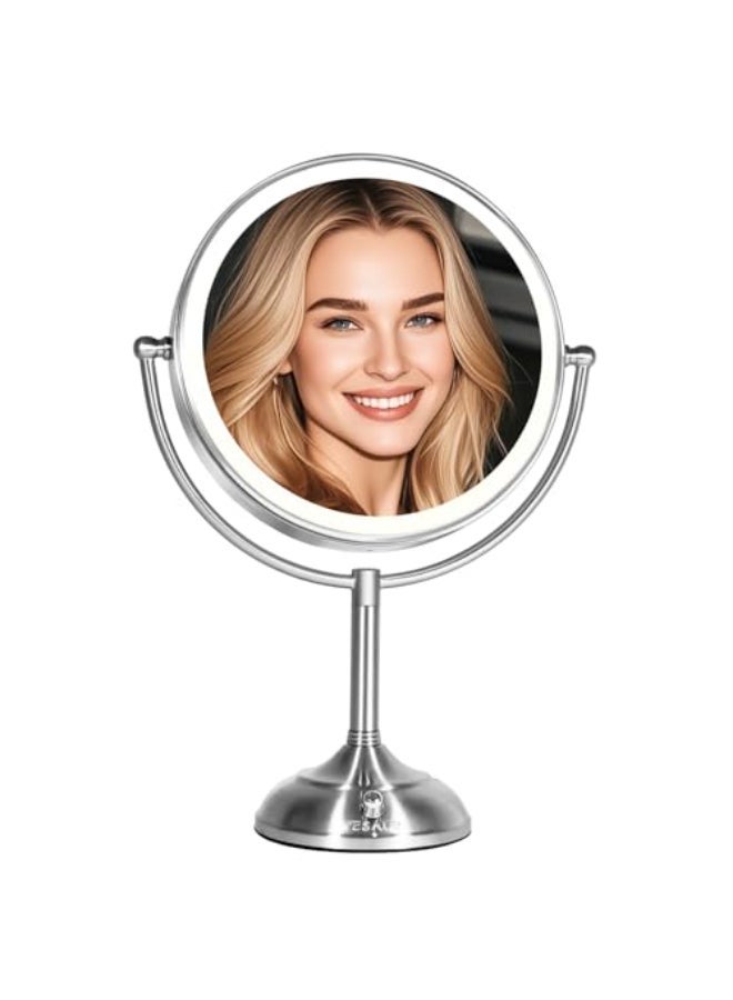 11 LARGE AND 17 TALL LIGHTED MAKEUP MIRROR DOUBLE SIDED 1X 10X MAGNIFYING 3 COLORS WITH LIGHTS BRIGHTNESS ADJUSTABLE 360 ROTATION COSMETIC LIGHT UP MIRROR LUXURY NICKEL