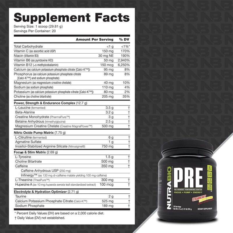 NutraBio PRE Workout Powder  Old Formula Sustained Energy Mental Focus Endurance  Beta Alanine Creatine Caffeine Electrolytes  20 Servings  Strawberry Lemon Bomb - Image 4