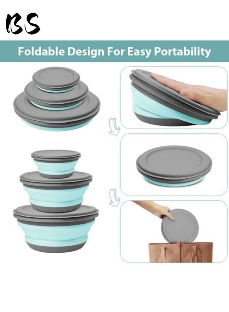 بي إس 3 أطباق من السيليكون القابلة للطي | مجموعة من الدرجة الغذائية مع غطاء | علبة طعام محمولة قابلة للتوسع | تصميم الختم المدمج | حاوية تخزين الطعام | مناسبة للتخييم والسفر والتنزه. - Image 3