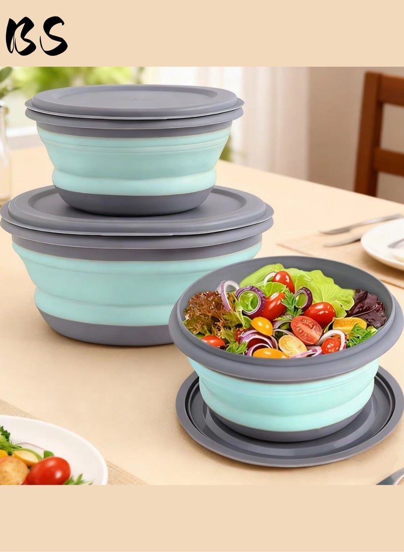 بي إس 3 أطباق من السيليكون القابلة للطي | مجموعة من الدرجة الغذائية مع غطاء | علبة طعام محمولة قابلة للتوسع | تصميم الختم المدمج | حاوية تخزين الطعام | مناسبة للتخييم والسفر والتنزه. - Image 1