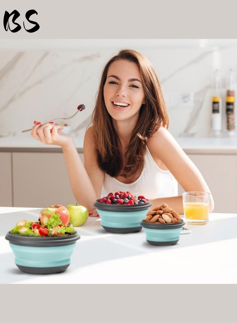 بي إس 3 أطباق من السيليكون القابلة للطي | مجموعة من الدرجة الغذائية مع غطاء | علبة طعام محمولة قابلة للتوسع | تصميم الختم المدمج | حاوية تخزين الطعام | مناسبة للتخييم والسفر والتنزه. - Image 2