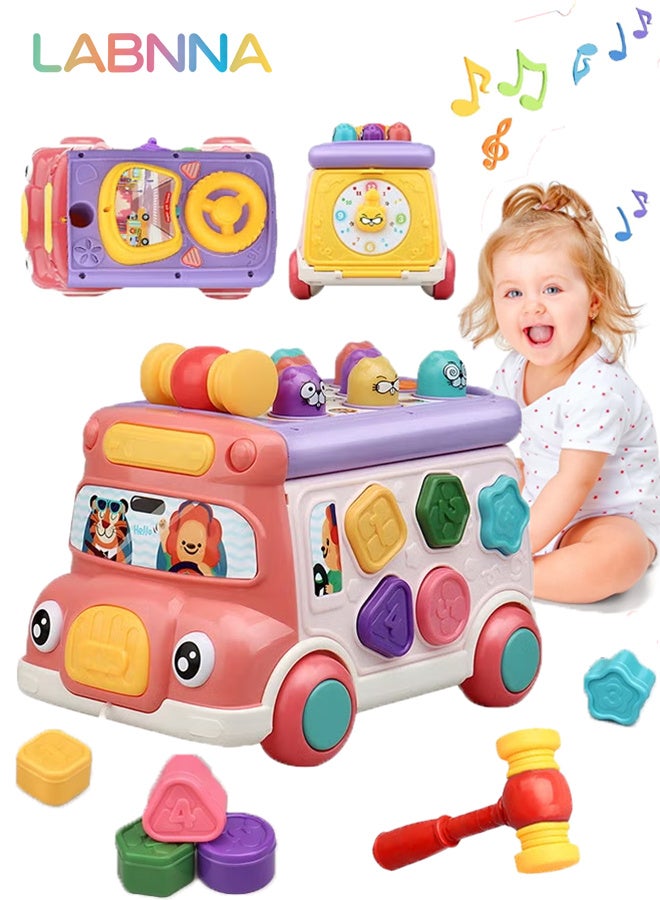 LABNNA حافلة أنشطة موسيقية للأطفال، لعبة تعليمية للأطفال الرضع، سيارة تعليمية، صوت وضوء، لعبة تفاعلية، فرز الأشكال، مطابقة الحيوانات، هدية مثالية لأعياد الميلاد للأطفال الصغار من 3 إلى 7 سنوات (لون وردي) - Image 1
