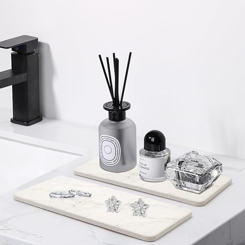 Deceram 2 Pcs Water Absorbing Stone Drying Trays for Bathroom Sink Kitchen Counter Soap Dish Dispenser Sponge Holder White Ceramic Bathroom Vanity Quick Dry Stone Mat for Kitchen Sink Marble Diatomite Tray - Image 4