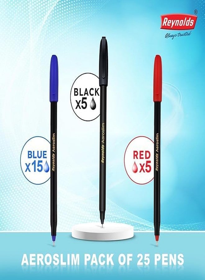 Reynolds AEROSLIM Ball Pen SET - 25 PENS (15 BLUE, 5 Black, 5 Red) | PENS WITH COMFORTABLE GRIP |BALL PENS FOR WRITING | PEN FOR STUDENTS & OFFICE STATIONERY | 0.7 mm TIP SIZE - Image 4