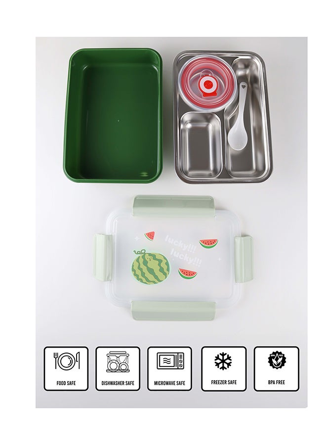 Toshionics Stainless Steel Lunch Box – 1.2L – with 3 Compartments, Spoon, Cup, Microwave Safe, Leakproof Lid, BPA Free, Freezer & Dishwasher Safe – Fruit Cartoon Print – Ideal for School, Office, Travel – 21 x 15 x 5 cm - Image 1
